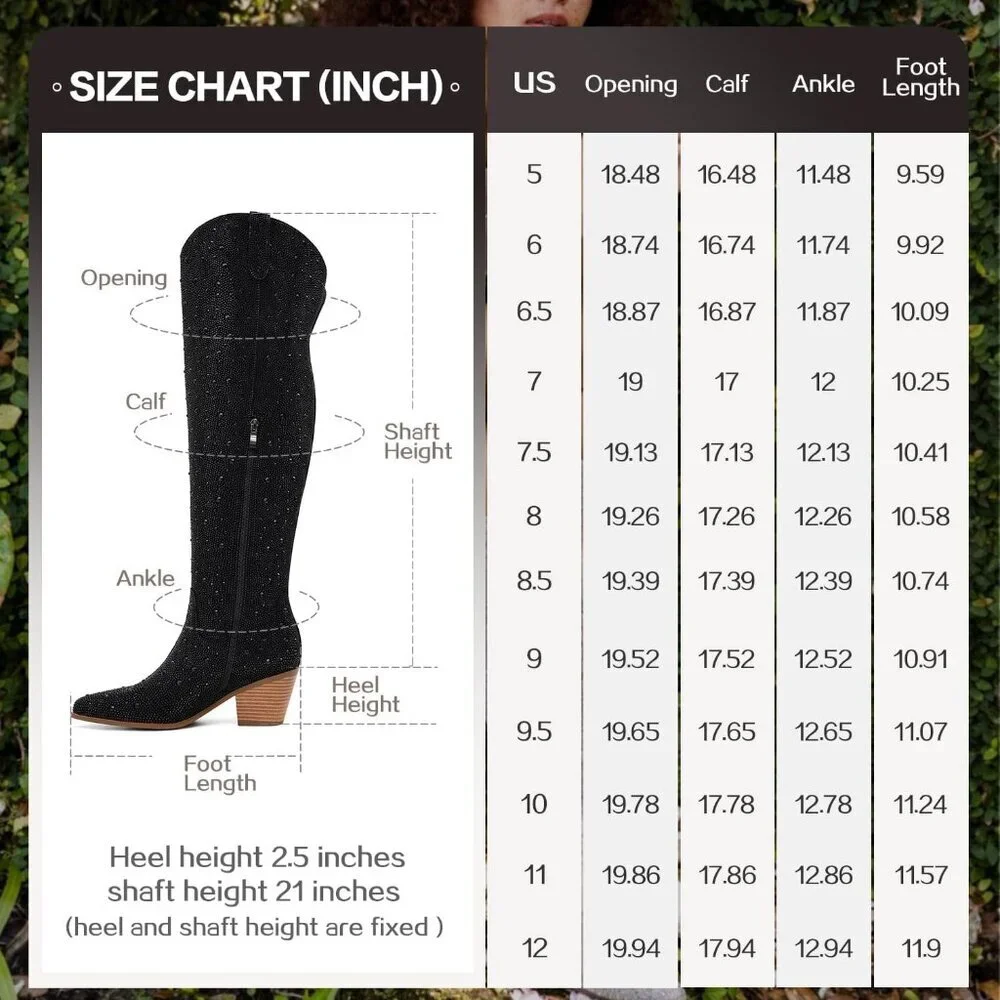 Women Black Faux Leather Sparkly Bling Rhinestone Over the Knee Cowboy Boots